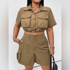 Flirla Plus Flap Pocket Drawstring Hem Crop Shirt & Shorts